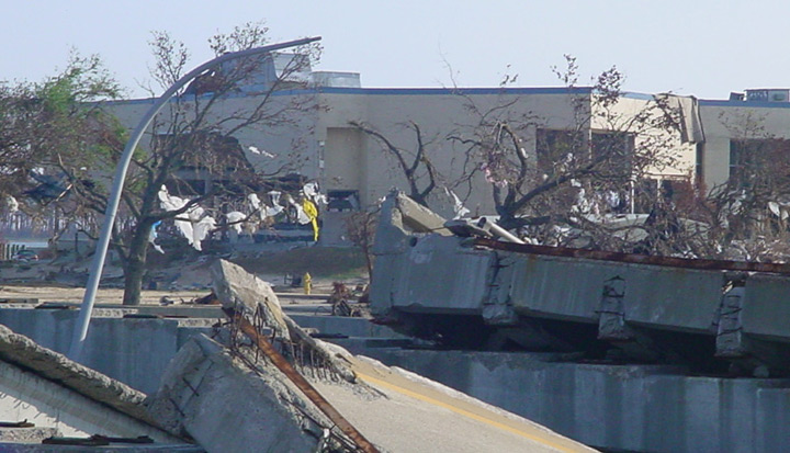 Destroyed Biloxi-Ocean Springs Bridge and J.L. Scott Marine Educations Center in Biloxi